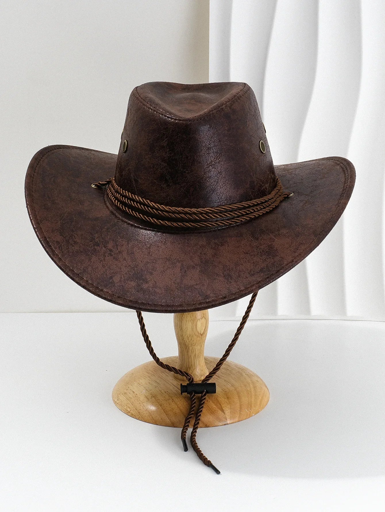 Men's Western Cowboy Hat – Distressed Faux Leather Wide Brim Chin Strap Outdoor