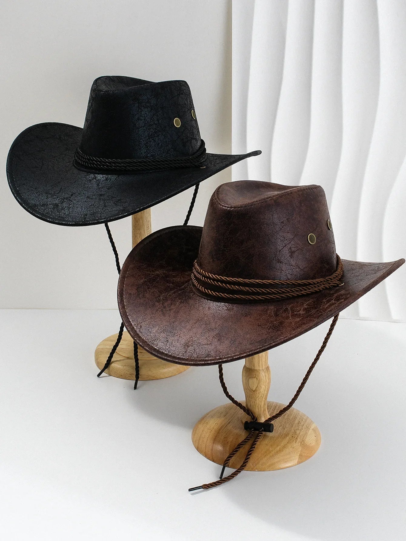 Men's Western Cowboy Hat – Distressed Faux Leather Wide Brim Chin Strap Outdoor