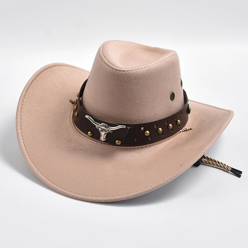 Men's Western Cowboy Hat – Suede Wide Brim Stud Band Longhorn Festival