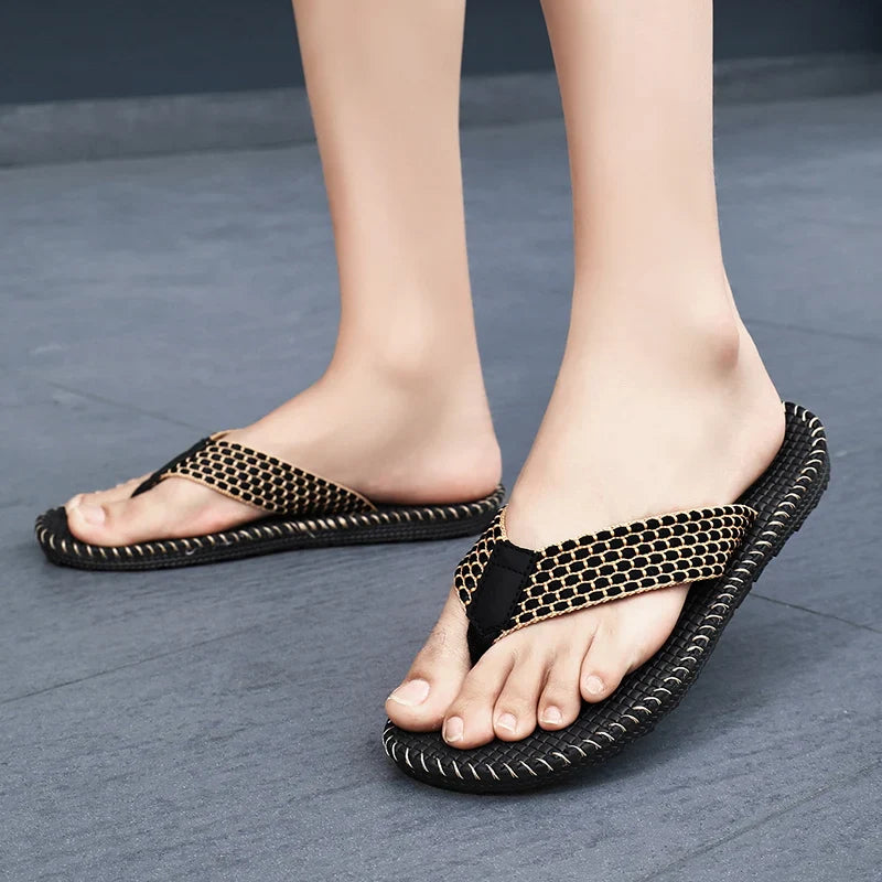 Men's Woven Toe Post Flip Flops – Open Toe Flat Strap Beach Sandals