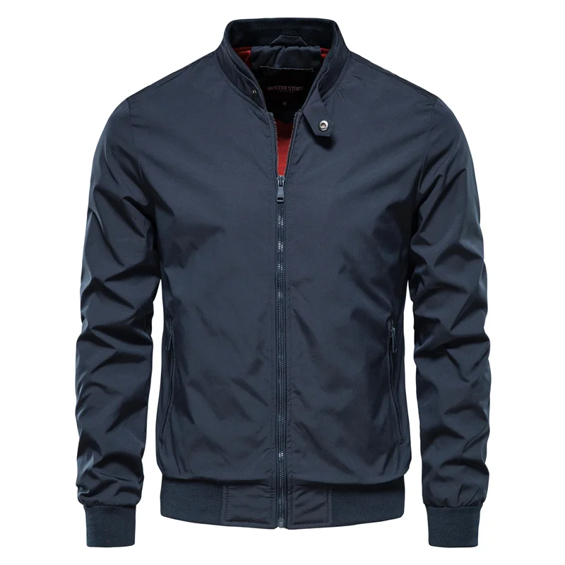 Men's Zip Front Bomber Jacket – Stand Collar Ribbed Hem Contrast Lined