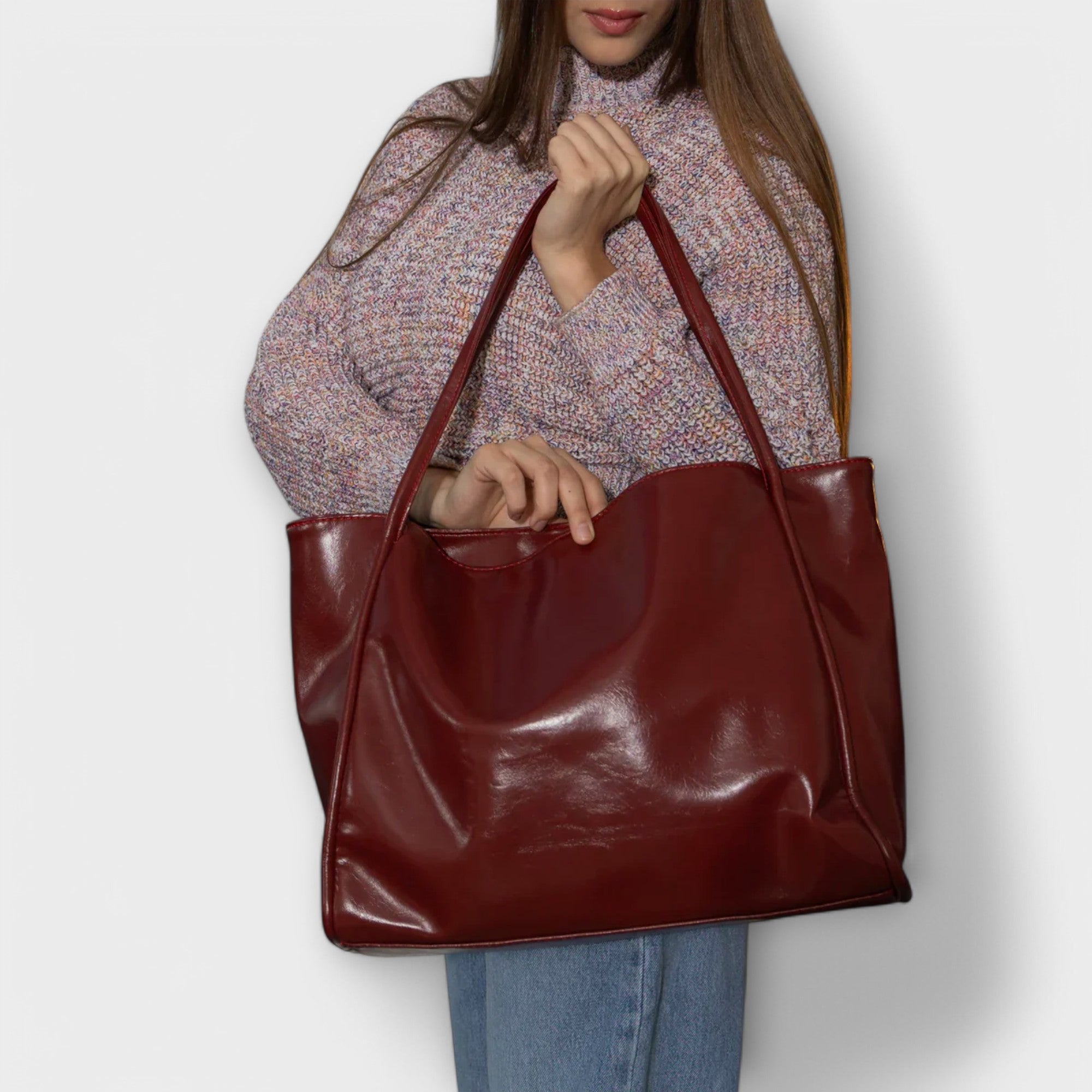Women's Large Shoulder Bag – Glossy Patent Boxy Dual Strap Work Everyday