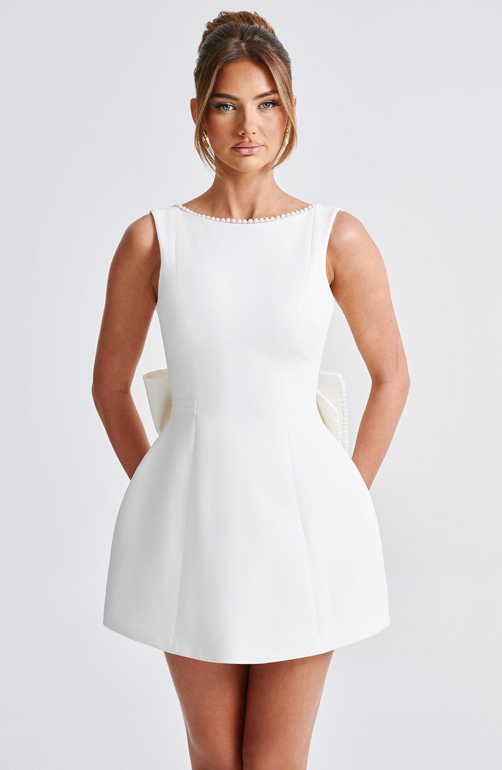 Women's A-Line Mini Dress – Pearl Trim Bateau Neck Sleeveless Wedding Guest