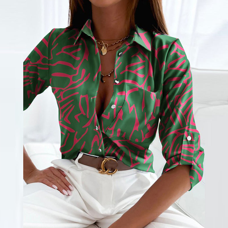 Women's Abstract Print Blouse – Long Sleeve Button Down Collar Work Casual