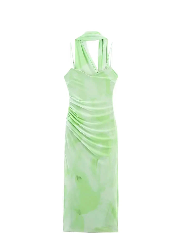 Women's Abstract Print Maxi – Spaghetti Strap Neck Scarf Wedding Guest Dress