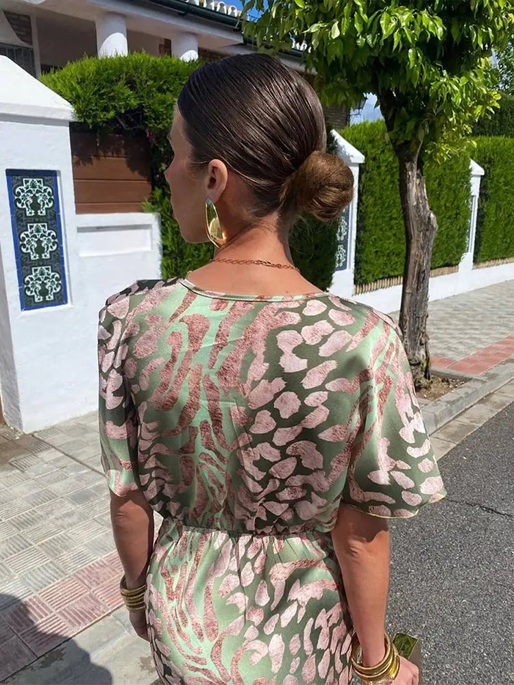 Women's Abstract Print Maxi – Twist Front Deep V Neck Wedding Guest Dress