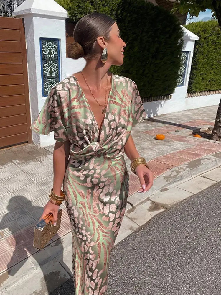 Women's Abstract Print Maxi – Twist Front Deep V Neck Wedding Guest Dress