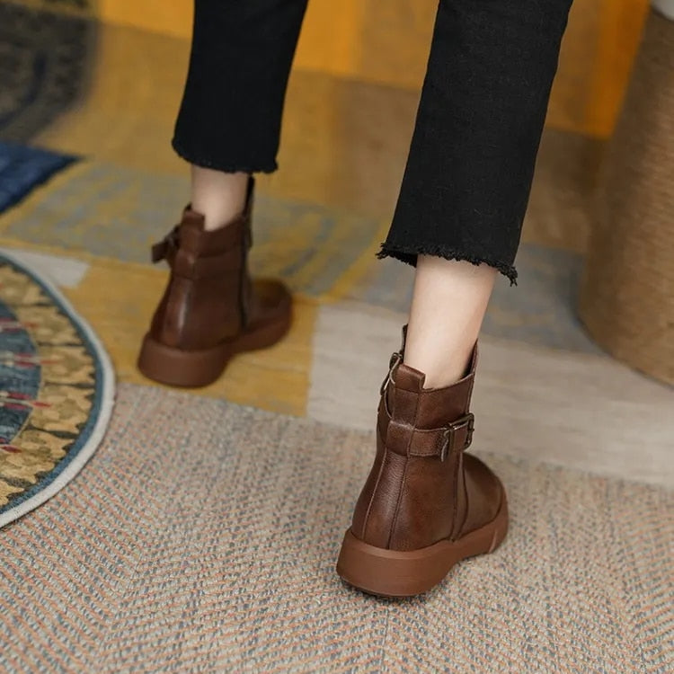 Women's Ankle Boots – Round Toe Flat Platform Buckle Strap Side Zip Casual
