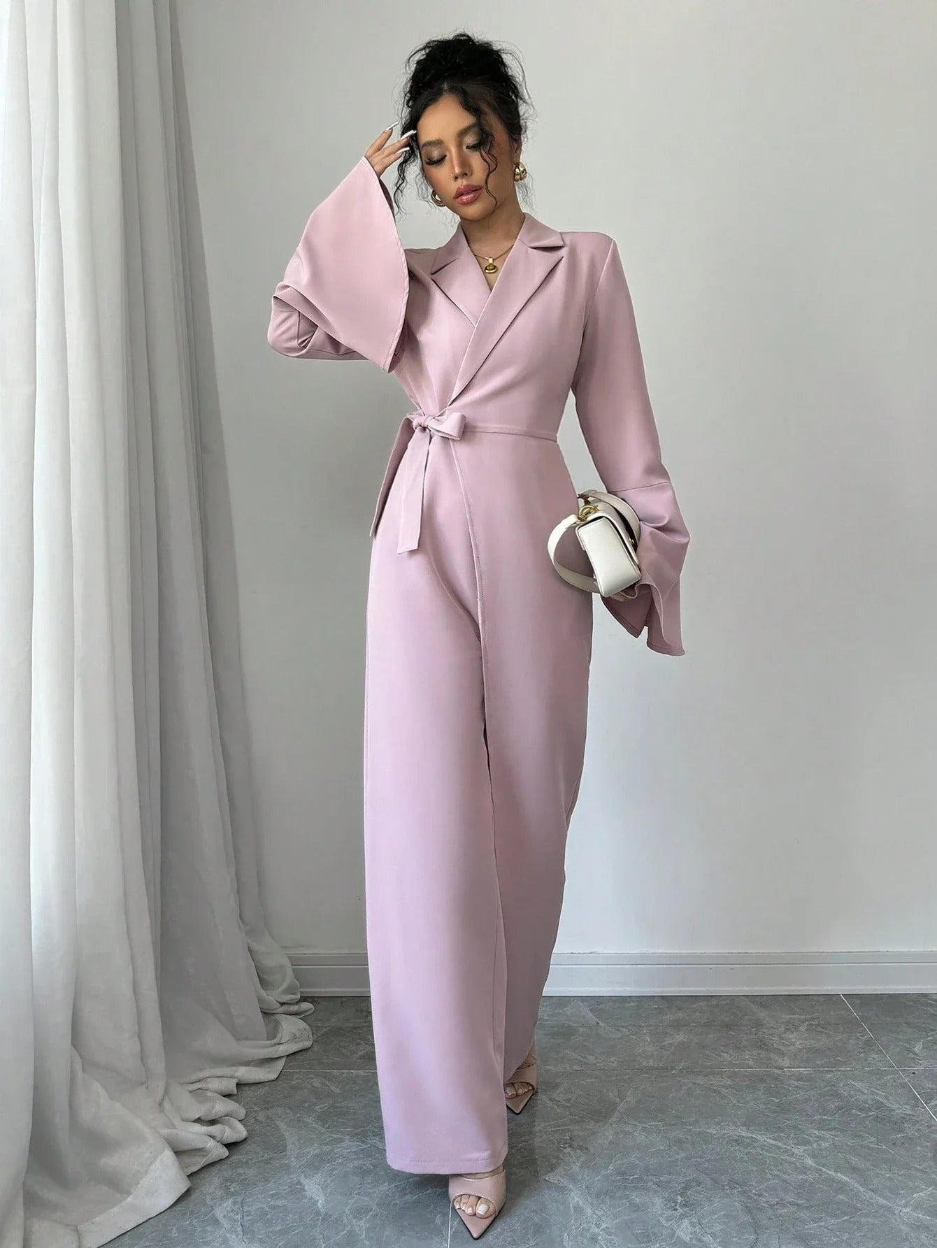 Women's Blazer Wrap Jumpsuit – Flare Sleeve Belted Wide Leg Work Party