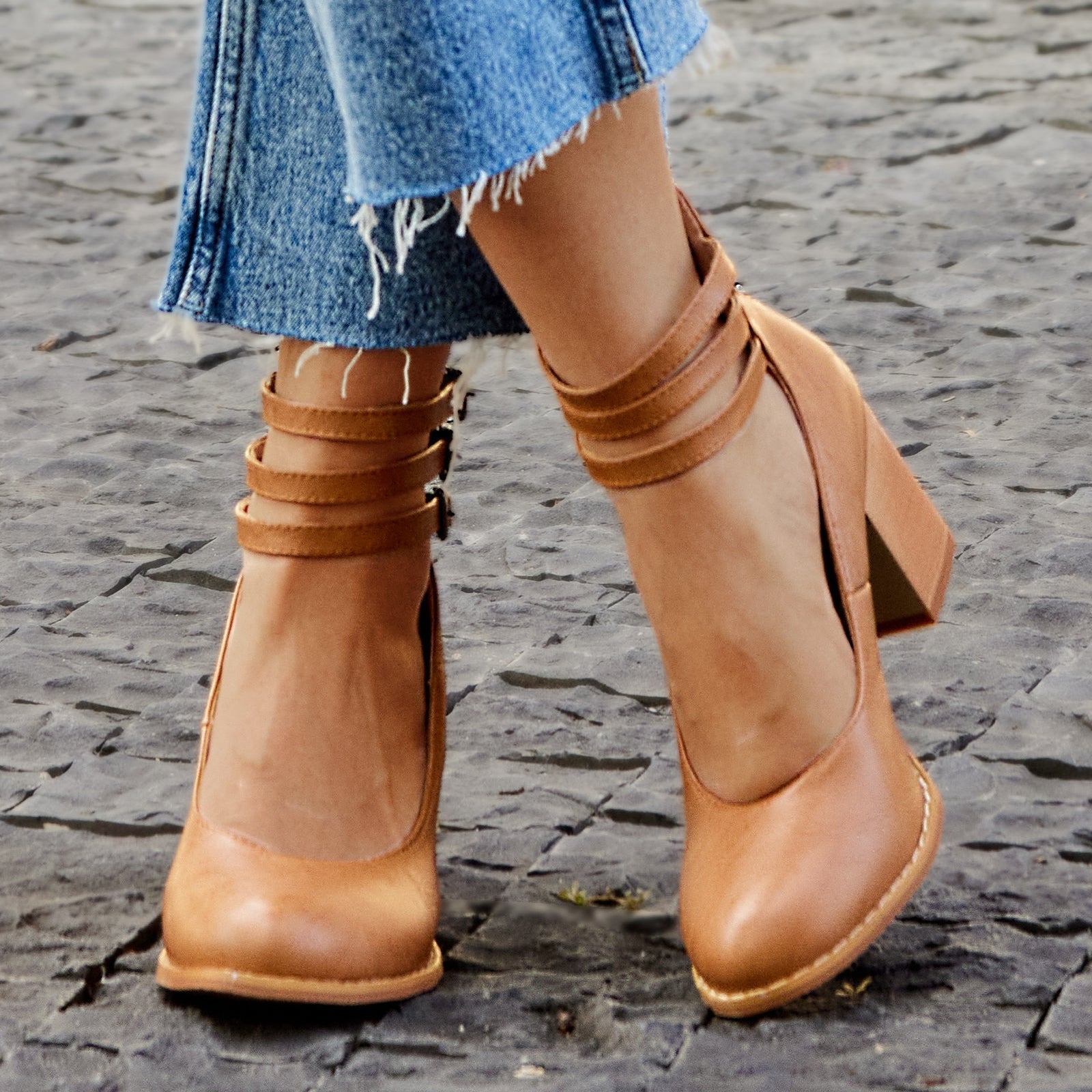 Women's Block Heels – Triple Buckle Ankle Strap Round Toe Office Party
