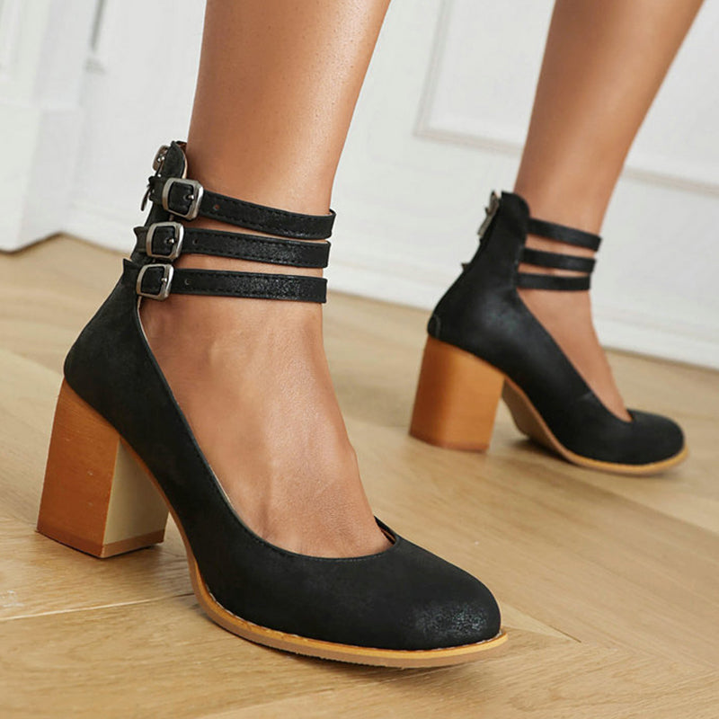 Women's Block Heels – Triple Buckle Ankle Strap Round Toe Office Party