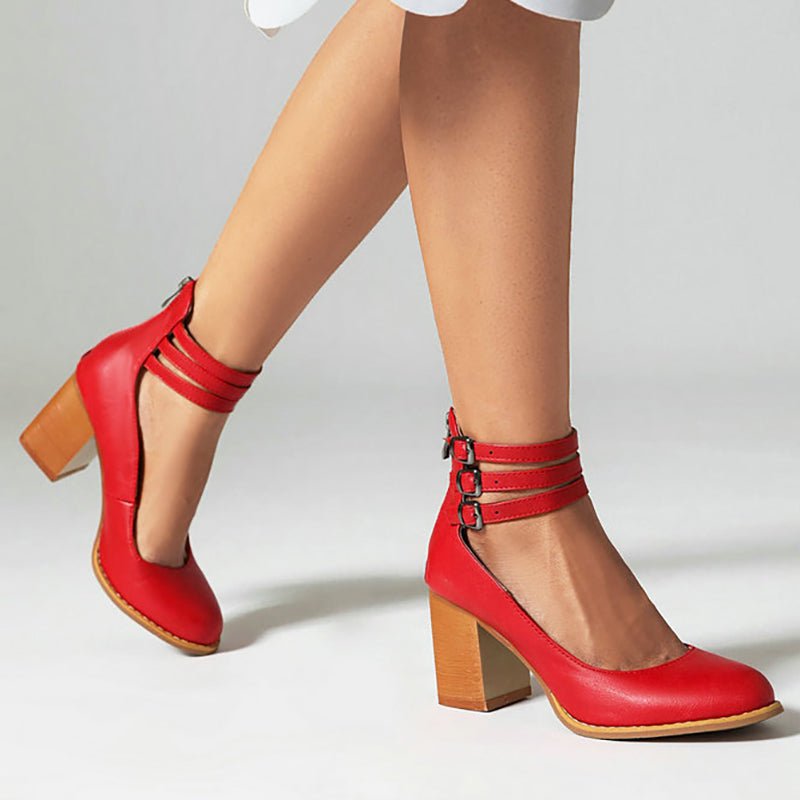 Women's Block Heels – Triple Buckle Ankle Strap Round Toe Office Party