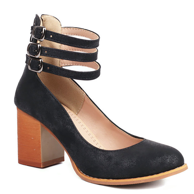 Women's Block Heels – Triple Buckle Ankle Strap Round Toe Office Party