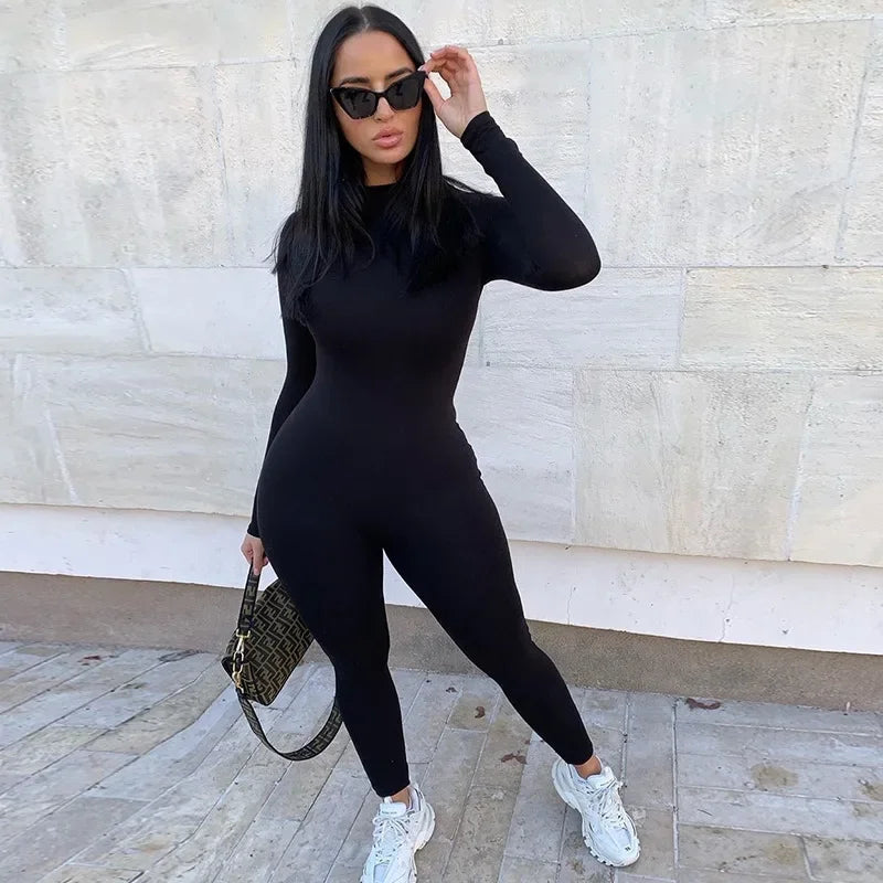 Women's Bodycon Jumpsuit – Long Sleeve Mock Neck Full Length Activewear