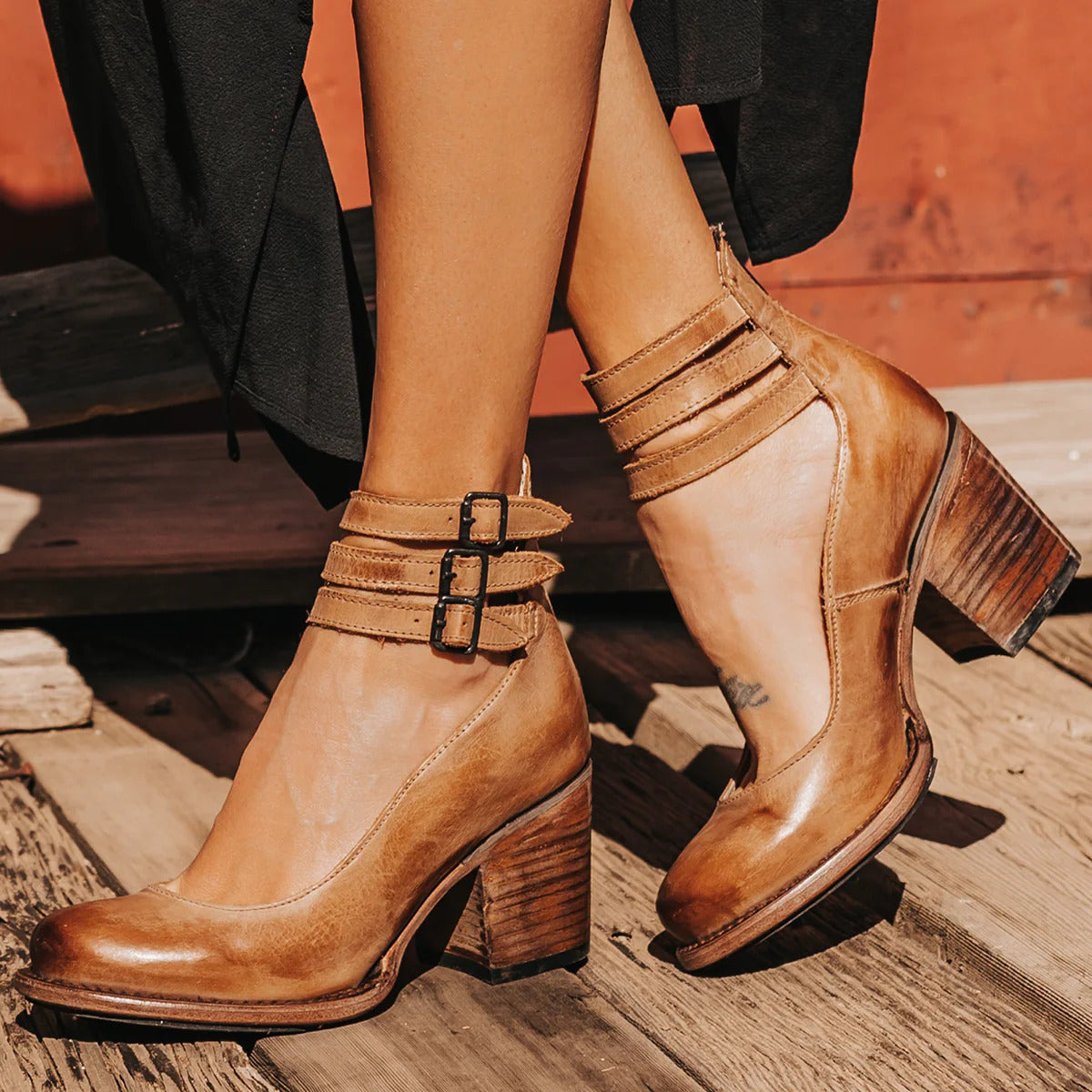 Women's Boho Ankle Boots – Double Buckle Strap Stacked Block Heel Closed Toe