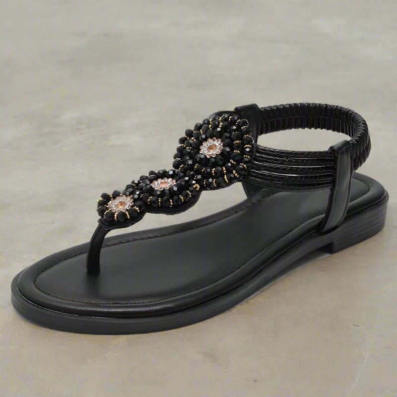 Women's Boho Beaded T-Strap Flat Sandals – Medallion Toe Post Summer Beach