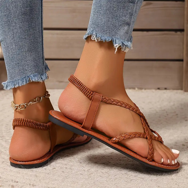 Women's Boho Braided Strap Flat Sandals – Toe Loop Crossover Summer Beach