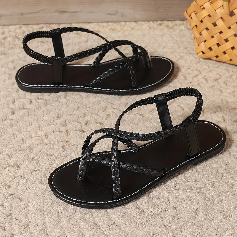 Women's Boho Braided Strap Flat Sandals – Toe Loop Crossover Summer Beach