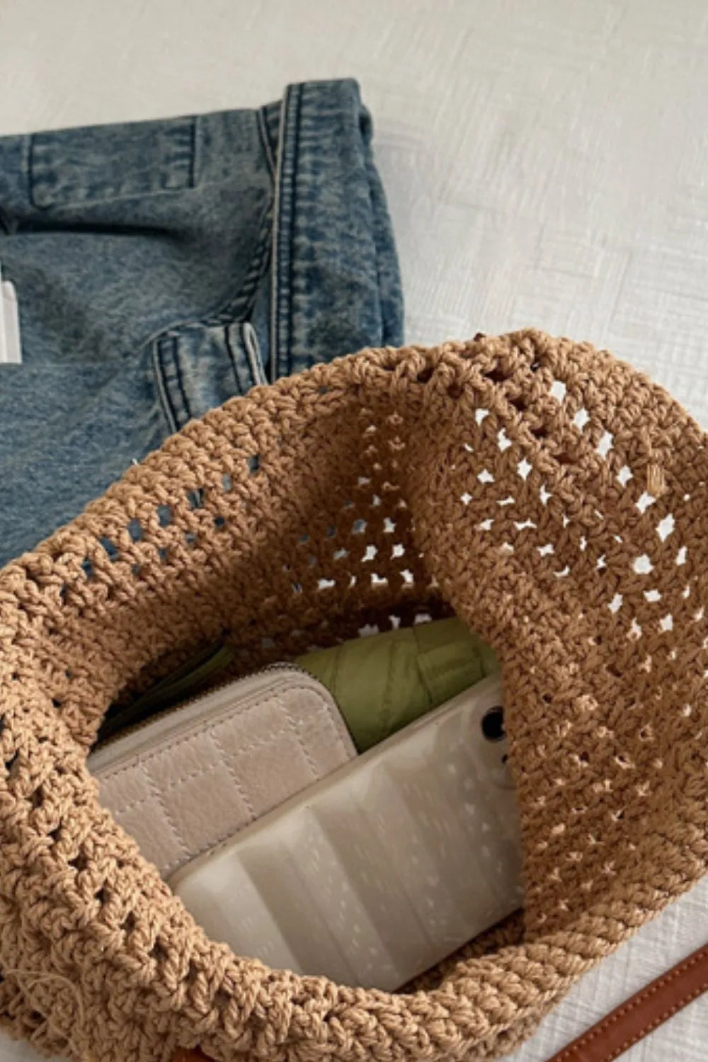 Women's Boho Crochet Knit Tote – Open Weave Contrast Strap Summer Beach
