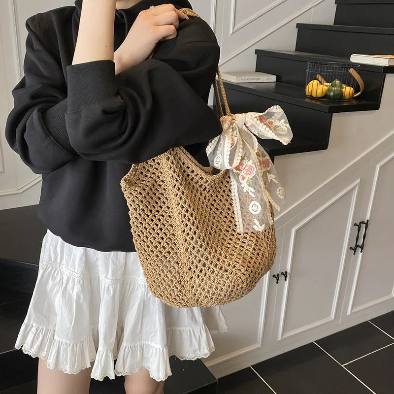Women's Boho Crochet Tote Bag – Floral Embroidered Lace Bow Handle Summer