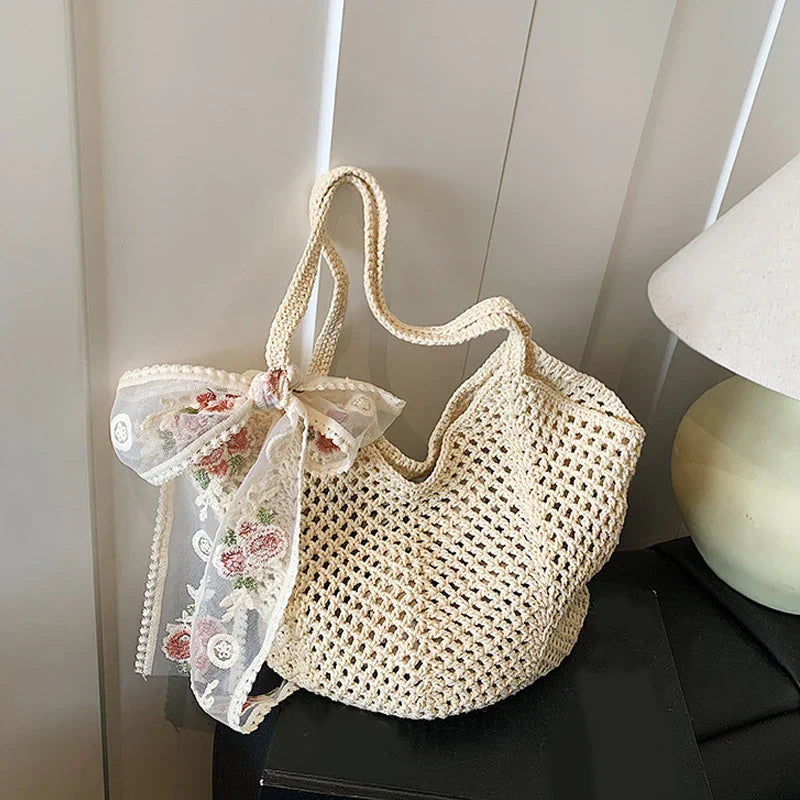Women's Boho Crochet Tote Bag – Floral Embroidered Lace Bow Handle Summer