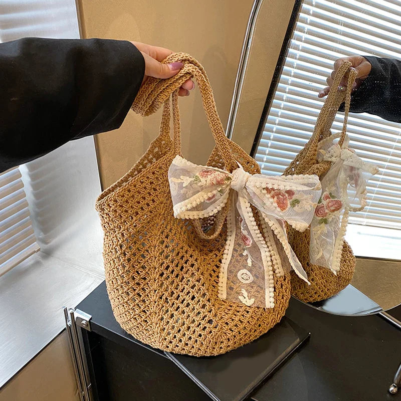 Women's Boho Crochet Tote Bag – Floral Embroidered Lace Bow Handle Summer