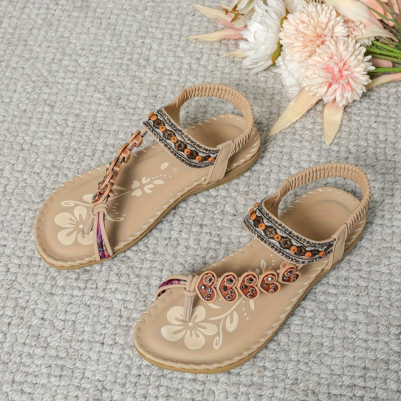Women's Boho Embellished Flat Sandals – Toe Post Rhinestone Beaded Summer Beach