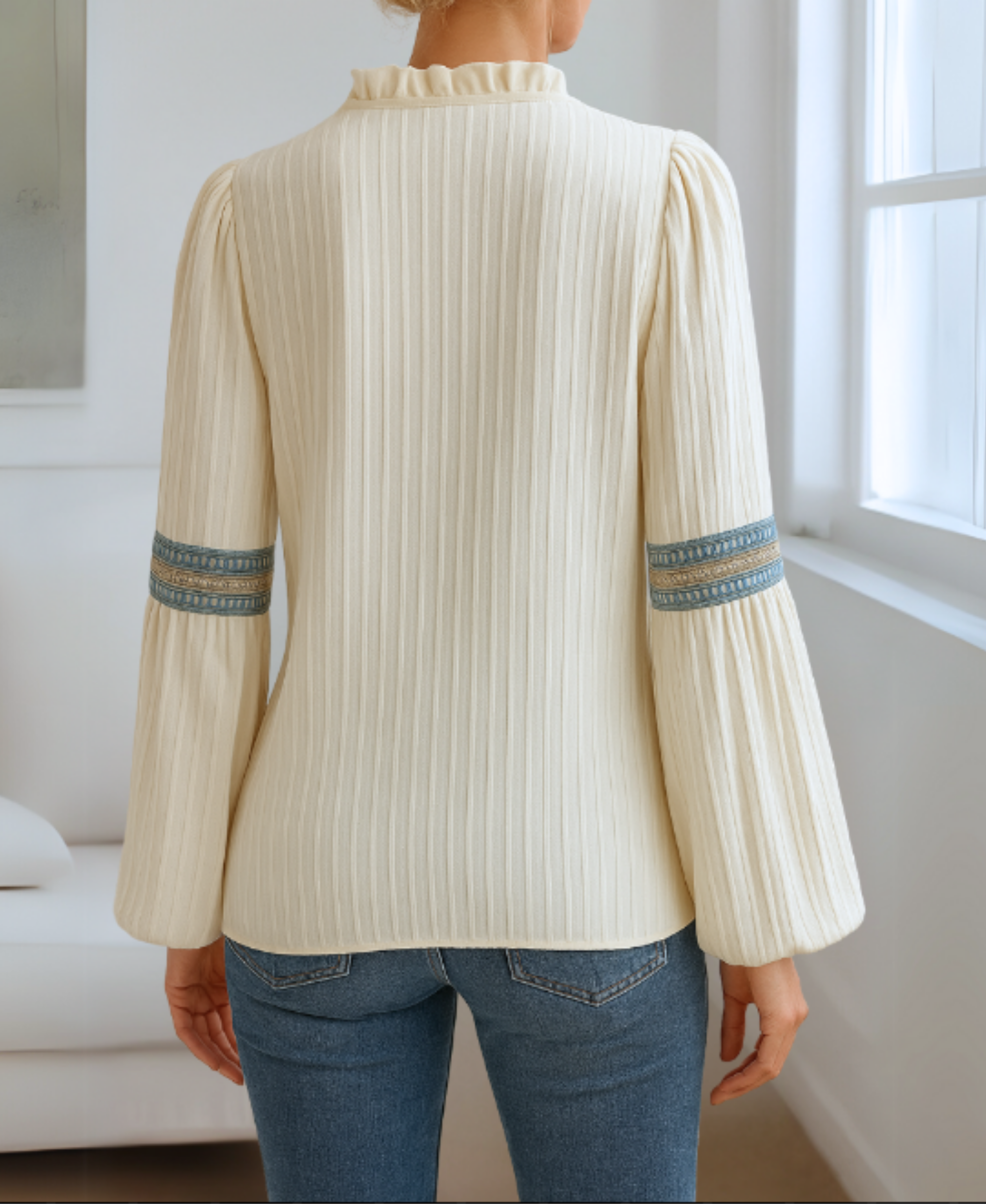 Women's Boho Embroidered Blouse – V Neck Ruffle Collar Balloon Sleeve Casual