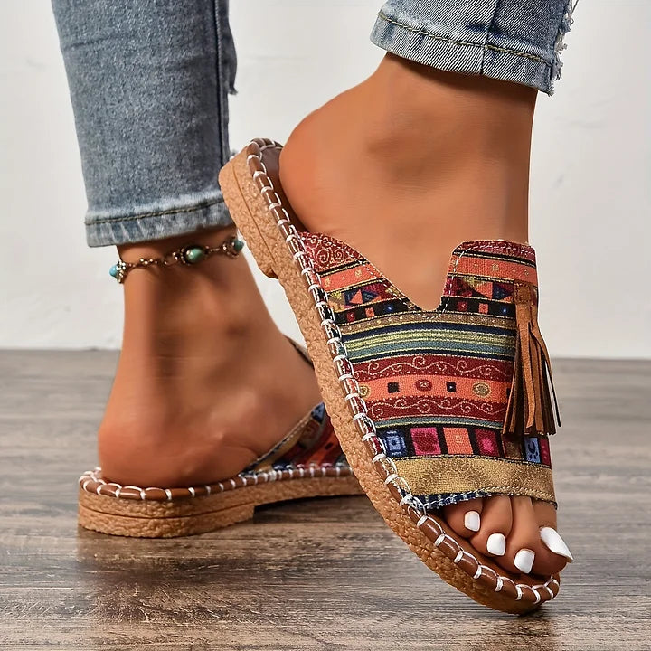 Women's Boho Ethnic Print Slide Sandals – Open Toe Tassel Flat Woven Sole