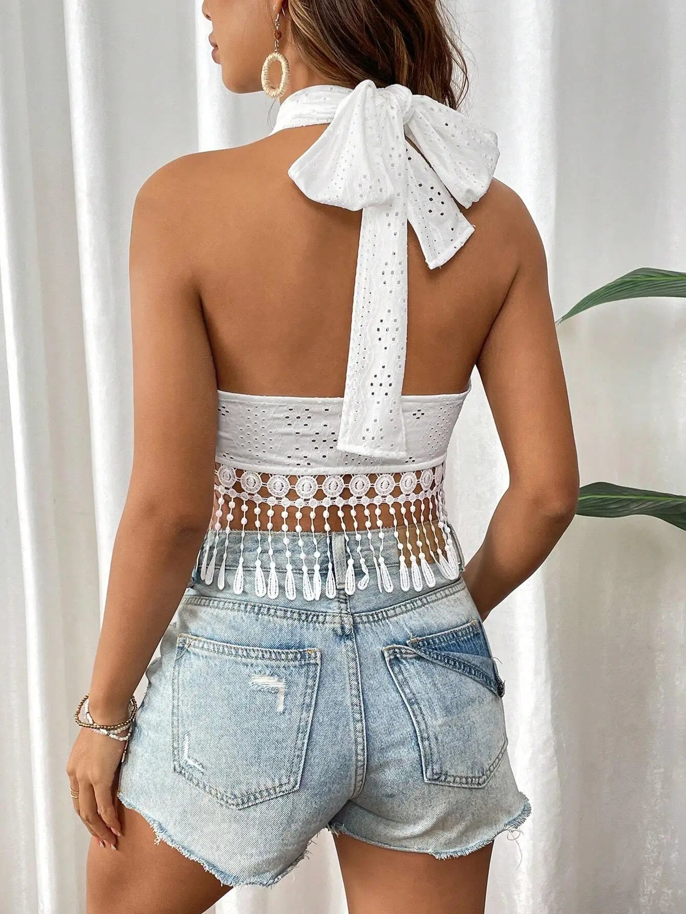 Women's Boho Eyelet Crop Top – Crossover Halter Crochet Fringe Beach Summer