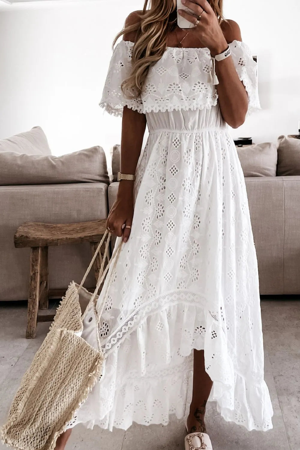 Women's Boho Eyelet Maxi – Off Shoulder Ruffle Tiered Scallop Summer Dress