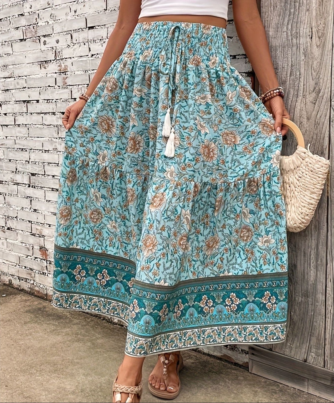 Women's Boho Floral Maxi Skirt – Smocked Drawstring Tiered Border Summer