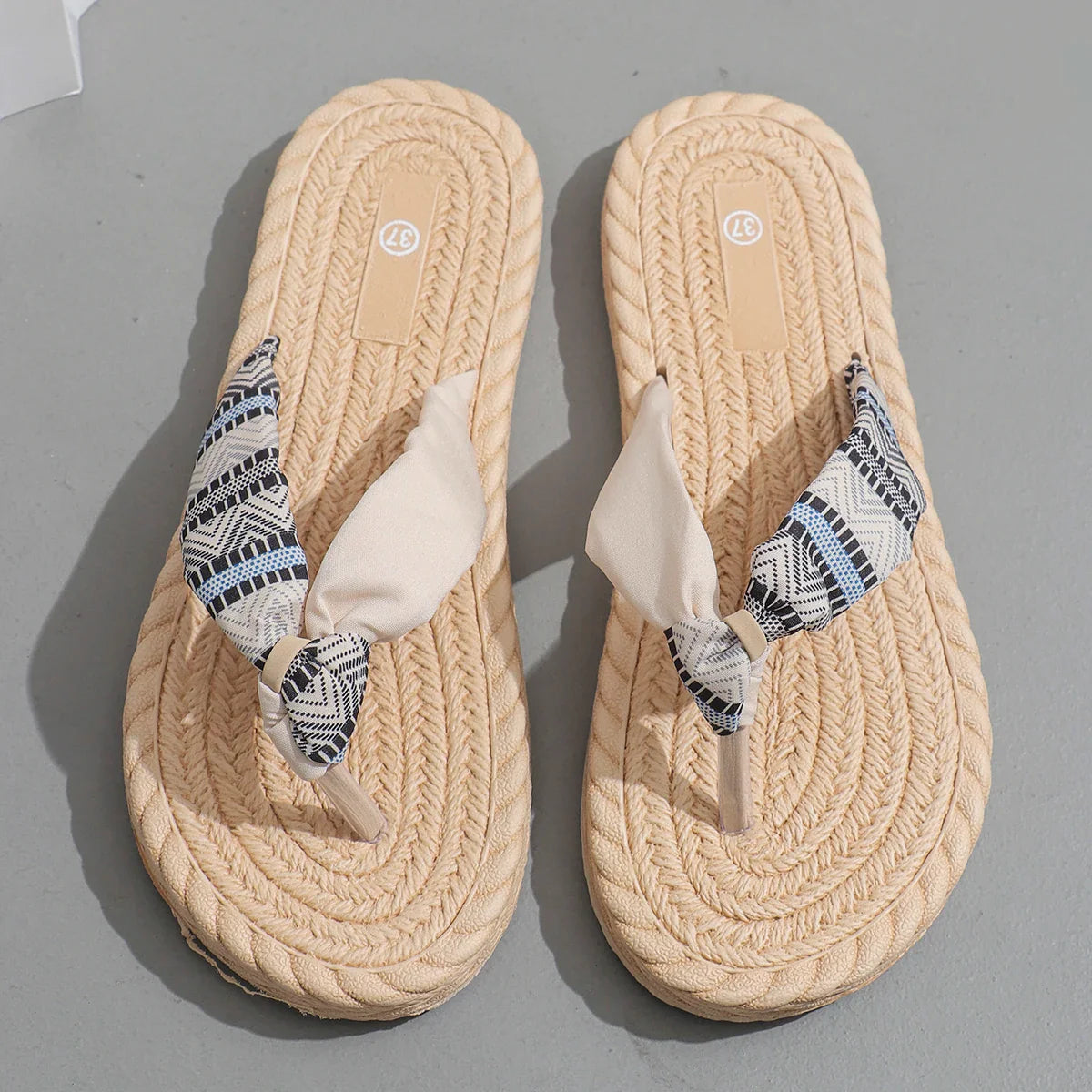 Women's Boho Geometric Knot Strap Flip Flops – Open Toe Rope Edge Flat Summer