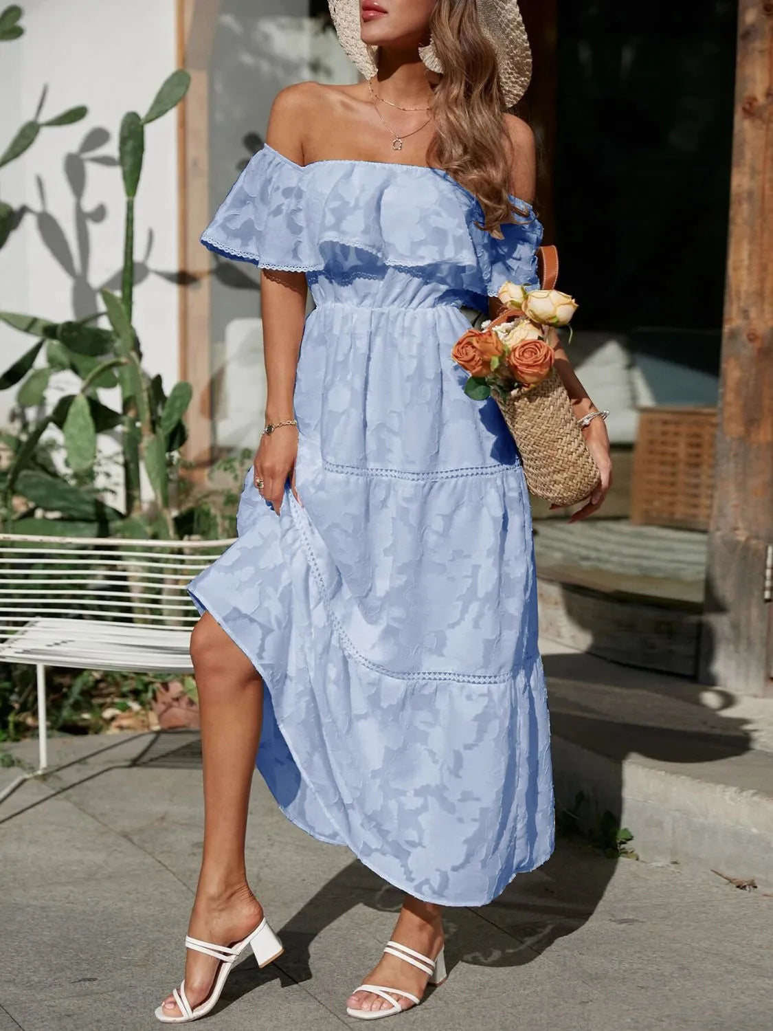 Women's Boho Jacquard Midi – Off Shoulder Ruffle Tiered Lace Trim Dress