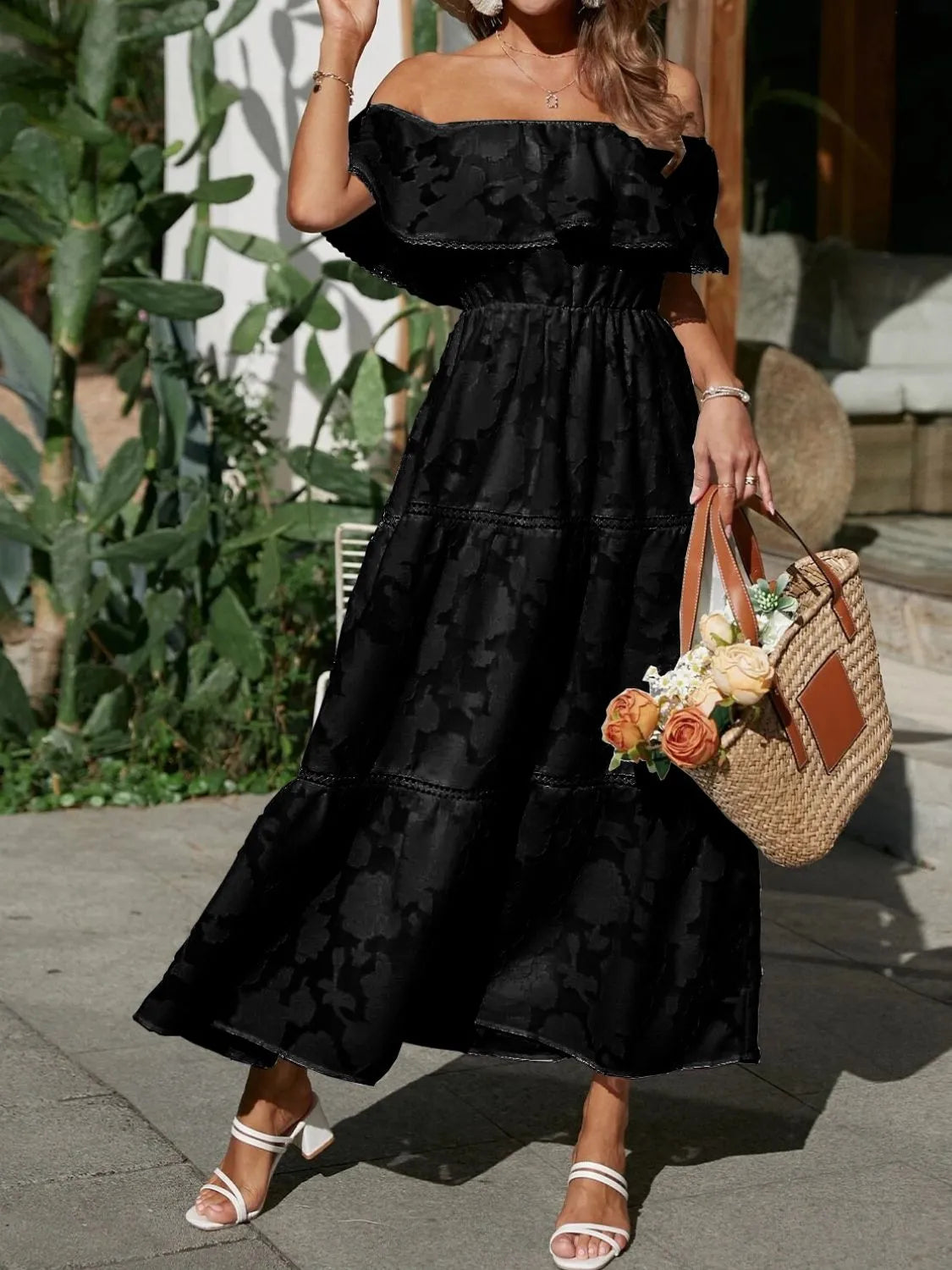 Women's Boho Jacquard Midi – Off Shoulder Ruffle Tiered Lace Trim Dress