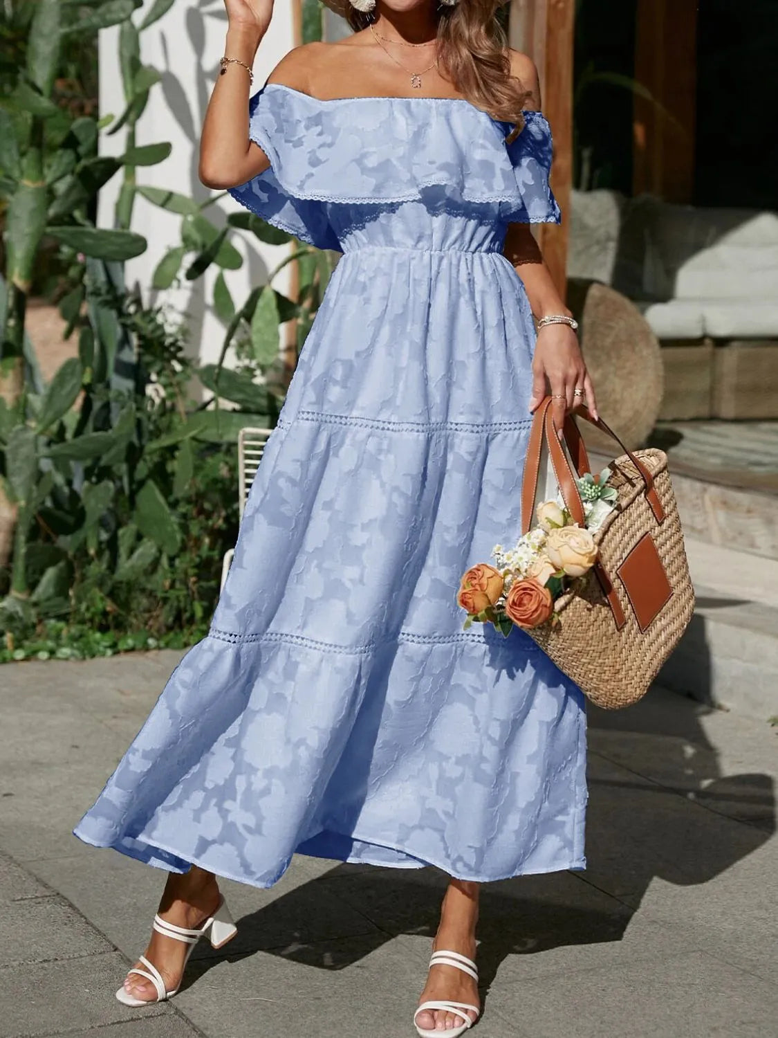 Women's Boho Jacquard Midi – Off Shoulder Ruffle Tiered Lace Trim Dress