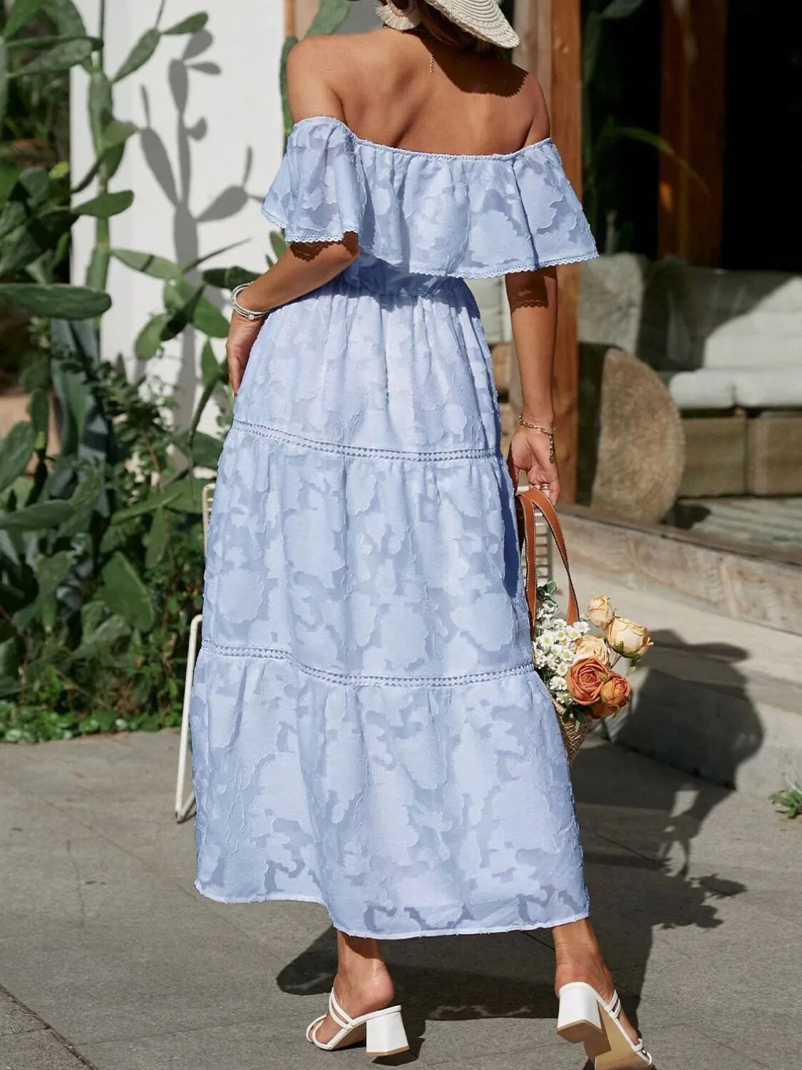 Women's Boho Jacquard Midi – Off Shoulder Ruffle Tiered Lace Trim Dress