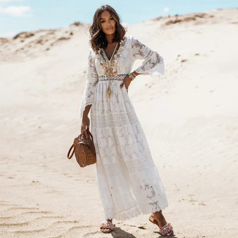Women's Boho Lace Maxi – V Neck Long Sleeve Tiered Beach Wedding Guest Dress