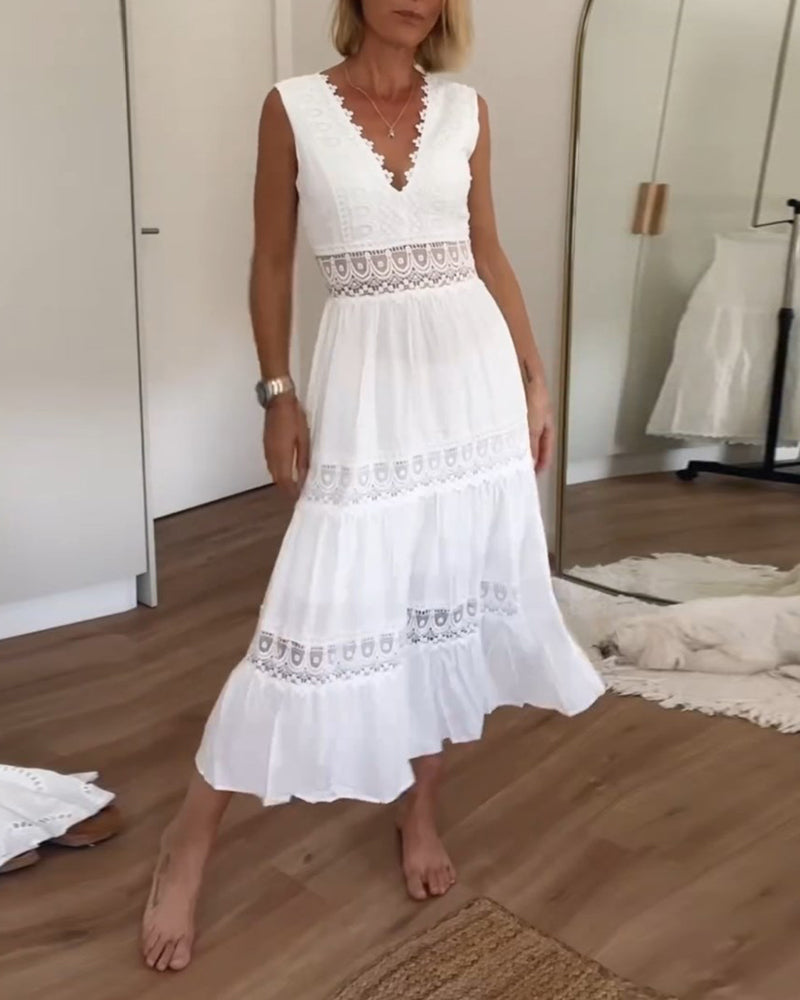 Women's Boho Lace Maxi Dress – V Neck Tiered Sleeveless Wedding Guest