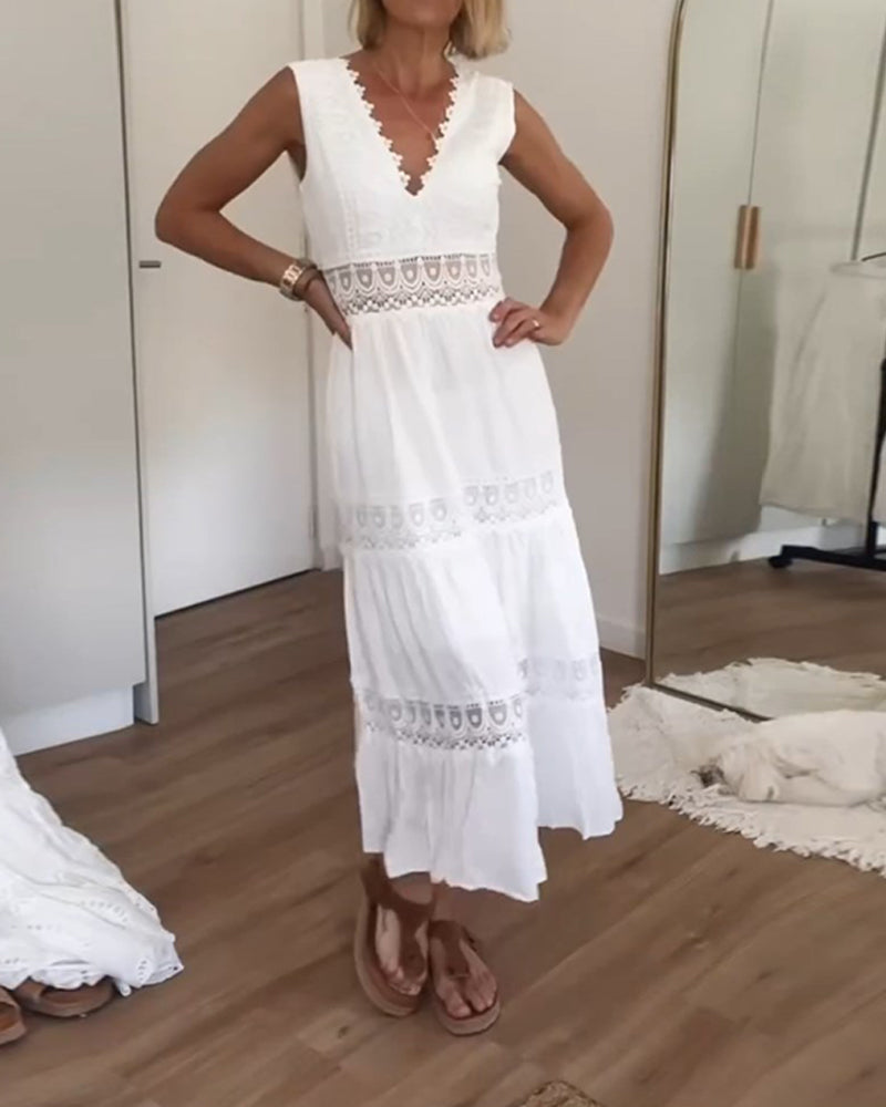 Women's Boho Lace Maxi Dress – V Neck Tiered Sleeveless Wedding Guest