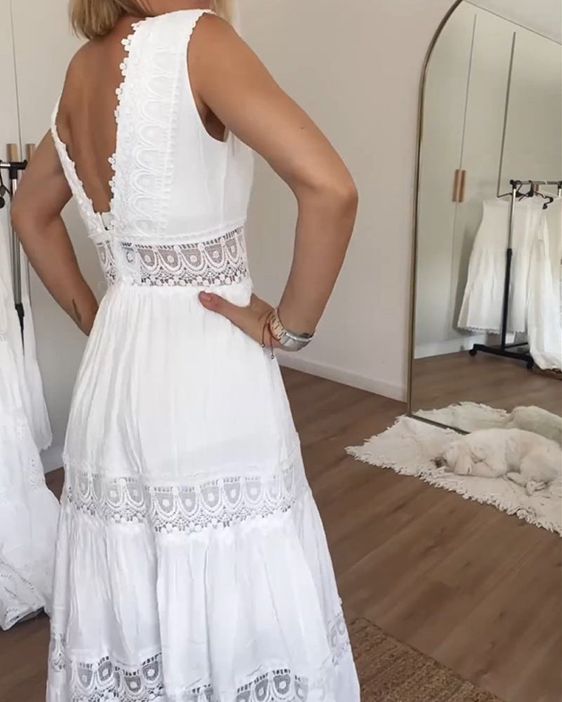 Women's Boho Lace Maxi Dress – V Neck Tiered Sleeveless Wedding Guest
