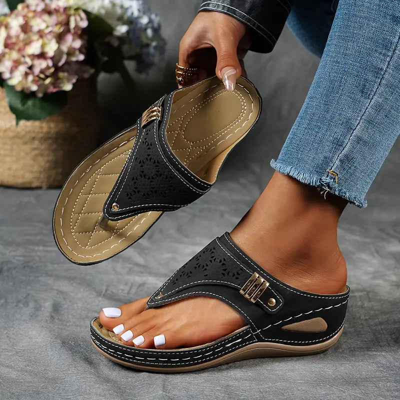 Women's Boho Laser Cut Thong Wedge Sandals – Buckle Strap Platform Summer