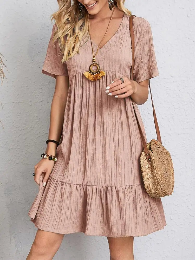 Women's Boho Mini Dress – V Neck Short Sleeve Crinkle Ruffle Hem Summer Casual
