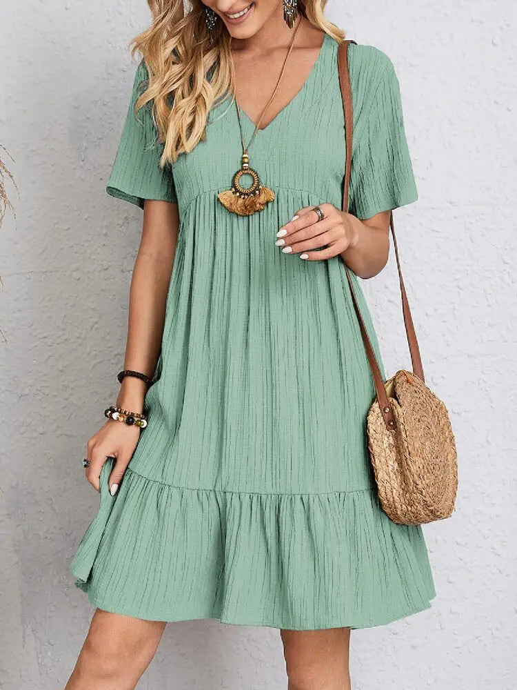 Women's Boho Mini Dress – V Neck Short Sleeve Crinkle Ruffle Hem Summer Casual