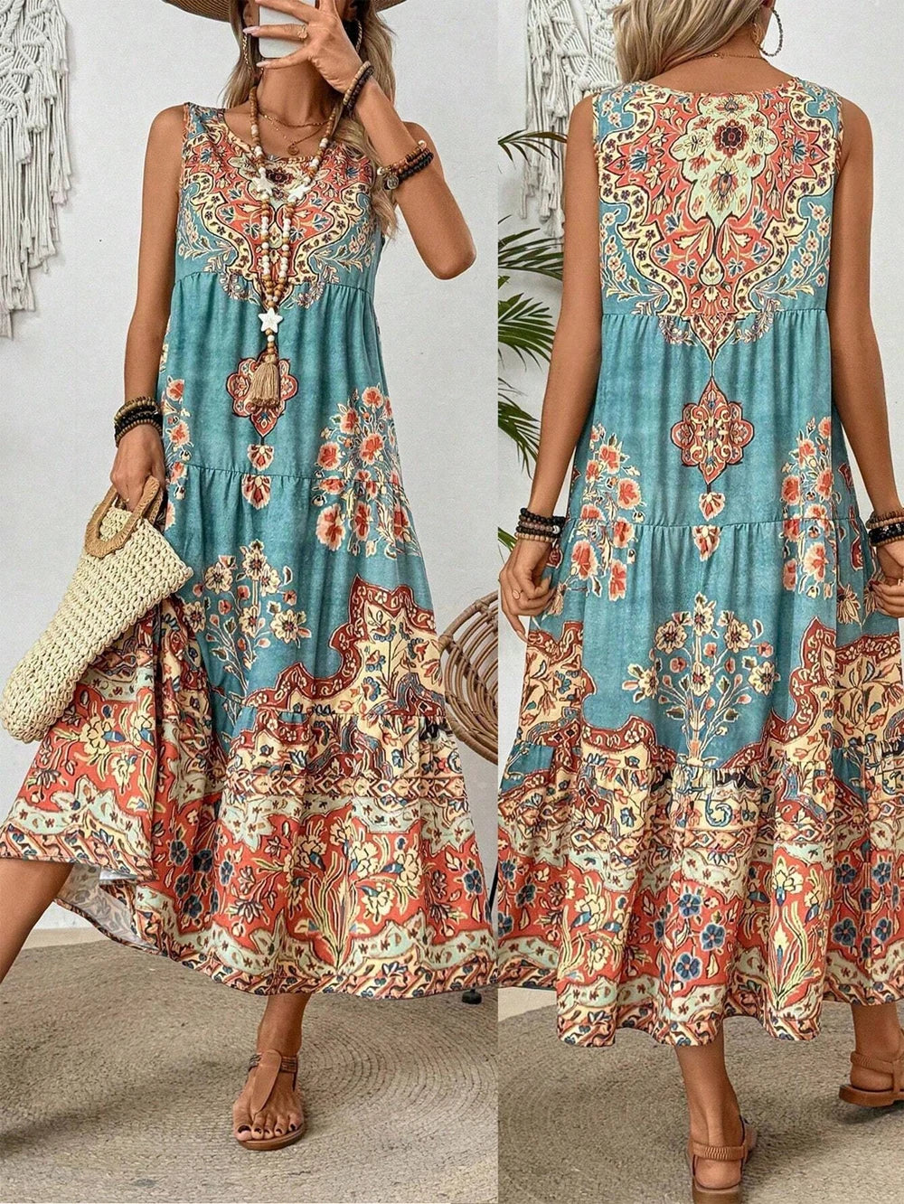 Women's Boho Paisley Floral Midi Dress – Sleeveless Tiered Summer Vacation