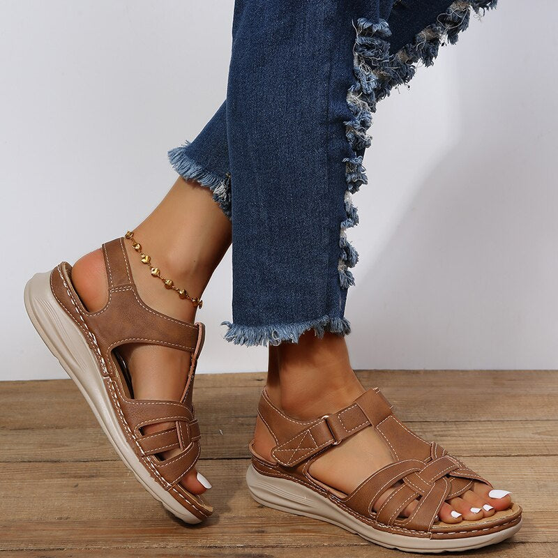 Women's Boho Solid Sandals – Open Toe Woven Strap Hook Loop Summer Flat