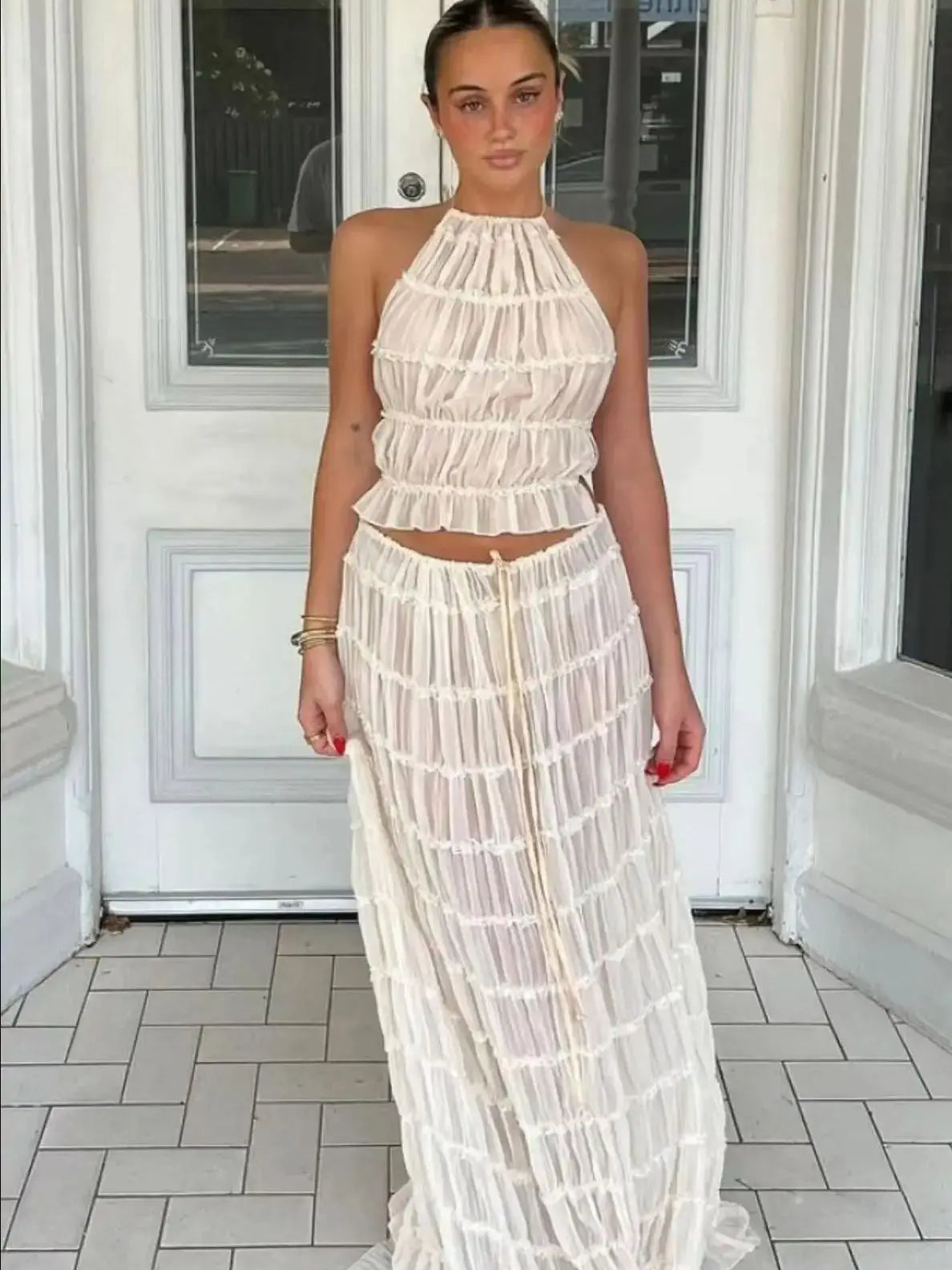 Women's Boho Stripe Two Piece Set – Halter Crop Top Maxi Skirt Vacation