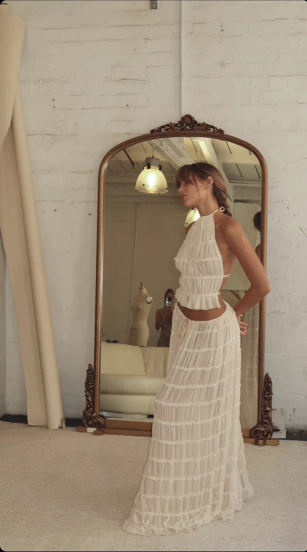 Women's Boho Stripe Two Piece Set – Halter Crop Top Maxi Skirt Vacation