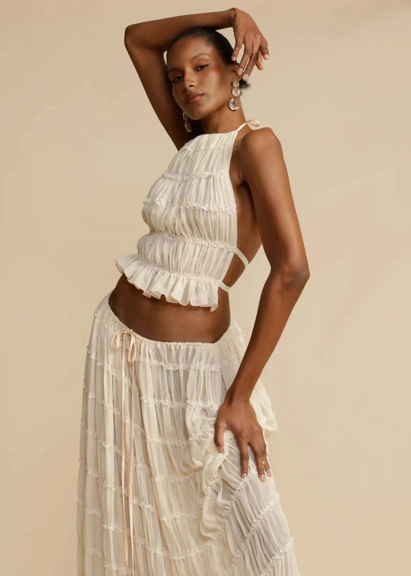 Women's Boho Stripe Two Piece Set – Halter Crop Top Maxi Skirt Vacation