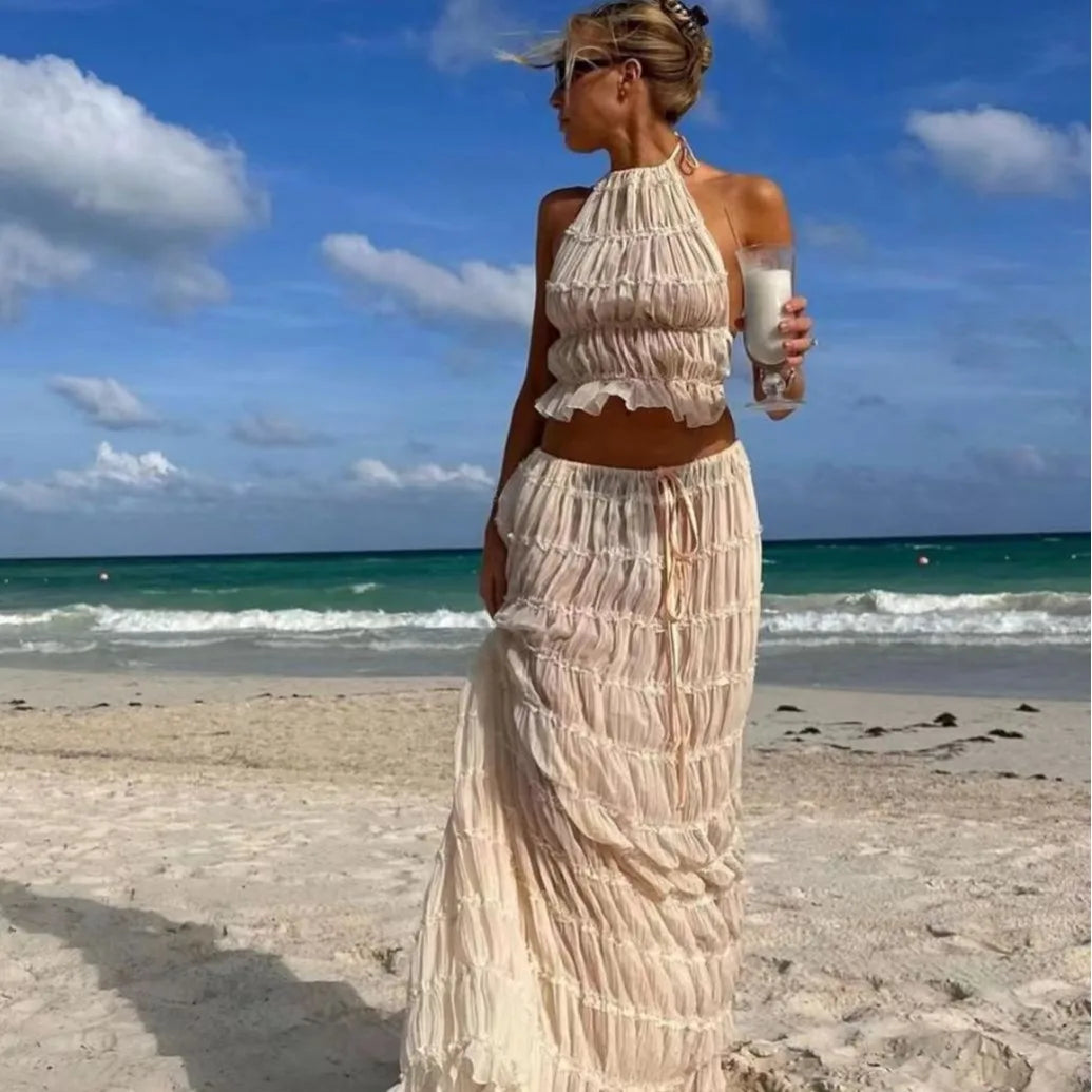 Women's Boho Stripe Two Piece Set – Halter Crop Top Maxi Skirt Vacation